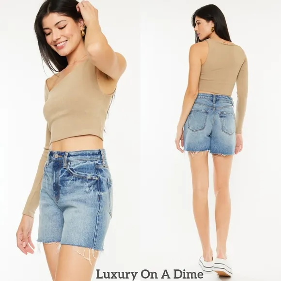 KanCan High Rise Waist Distressed Denim Cut-off Frayed Retro Acid Jean Shorts