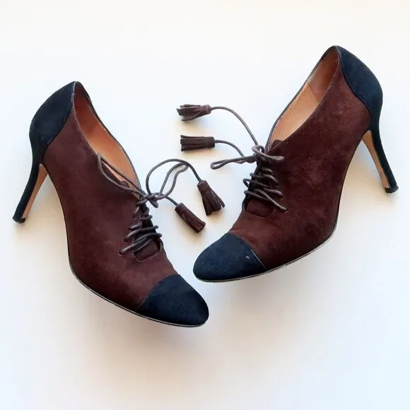 Kate Spade Brown &amp; Black Suede Leather Lace-up Heeled Pumps / Booties / Shoes