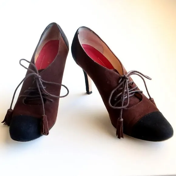 Kate Spade Brown &amp; Black Suede Leather Lace-up Heeled Pumps / Booties / Shoes