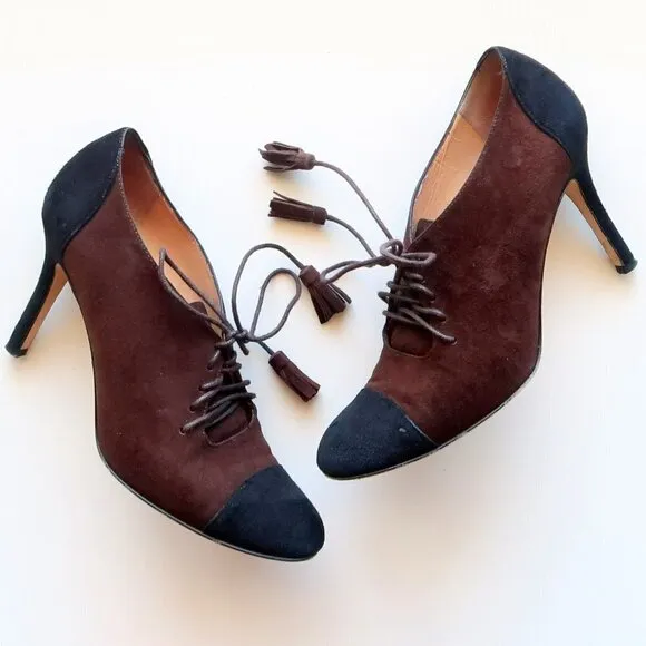 Kate Spade Brown &amp; Black Suede Leather Lace-up Heeled Pumps / Booties / Shoes