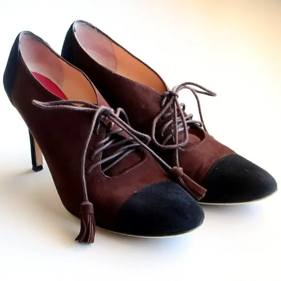 Kate Spade Brown &amp; Black Suede Leather Lace-up Heeled Pumps / Booties / Shoes