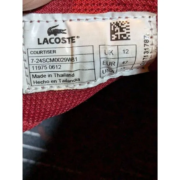Lacoste white and red high top athletic shoes. Size 13