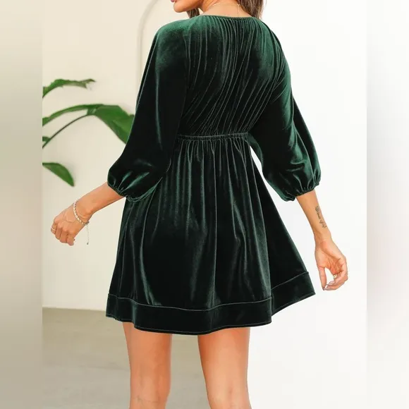 Ladyful Womens V Neck Velvet Dress 3/4 Sleeve Velour Mini Dress
