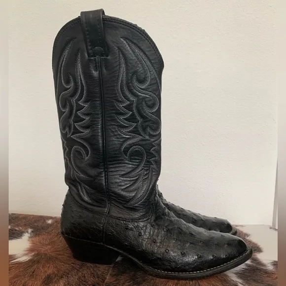 Larry Mahan Nocona Boots Exotic Black Ostrich Quill Cowboy