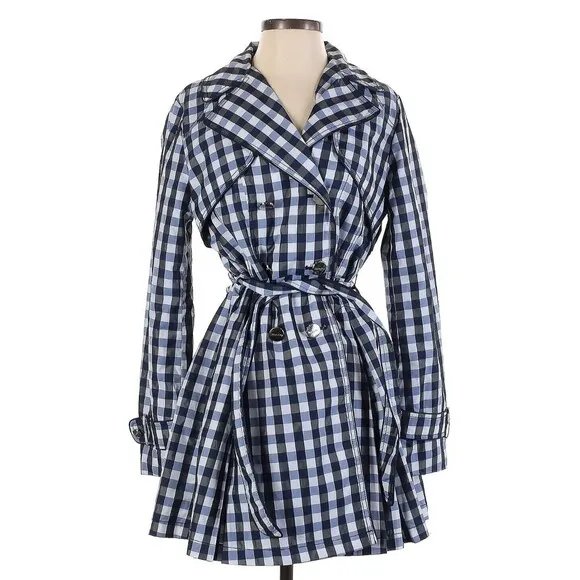Laundry By Shelli Segal Blue/ Black Checkered ￼Double Breasted Trenchcoat ￼Small