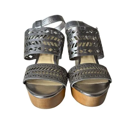 Lauren Ralph Lauren Women's Silver Ankle Strap Wedges Shoes Sandal Flatform Sz 9