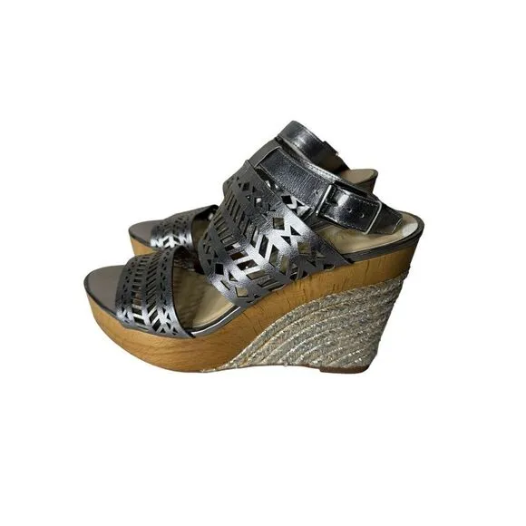 Lauren Ralph Lauren Women's Silver Ankle Strap Wedges Shoes Sandal Flatform Sz 9