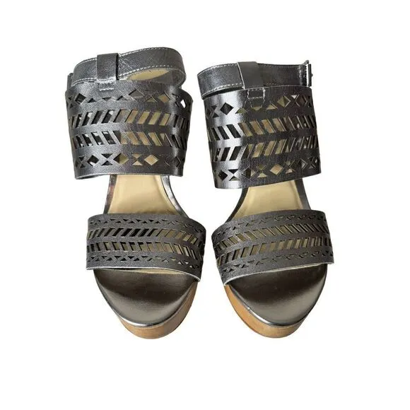 Lauren Ralph Lauren Women's Silver Ankle Strap Wedges Shoes Sandal Flatform Sz 9