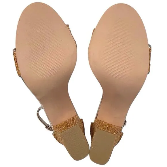 LILLY PULITZER Amber Lynn Straw Sandal Size 10 High Block Heel Shoes Gold Trim