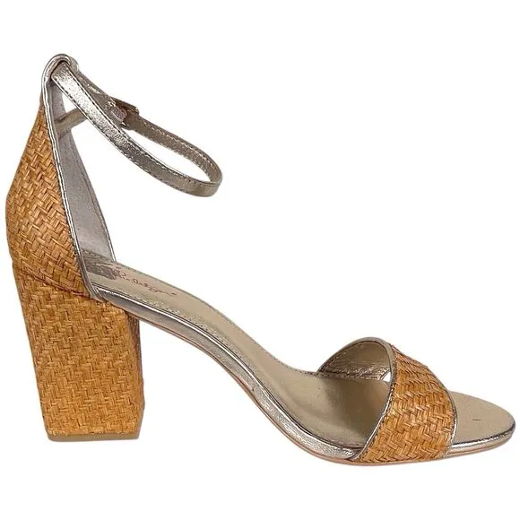 LILLY PULITZER Amber Lynn Straw Sandal Size 10 High Block Heel Shoes Gold Trim