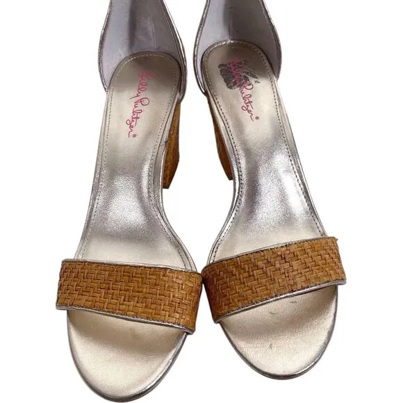 LILLY PULITZER Amber Lynn Straw Sandal Size 10 High Block Heel Shoes Gold Trim