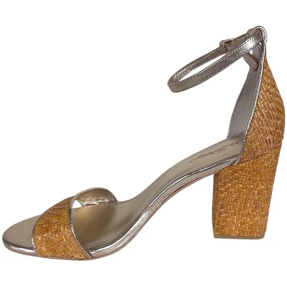 LILLY PULITZER Amber Lynn Straw Sandal Size 10 High Block Heel Shoes Gold Trim