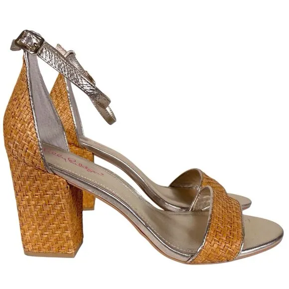 LILLY PULITZER Amber Lynn Straw Sandal Size 10 High Block Heel Shoes Gold Trim