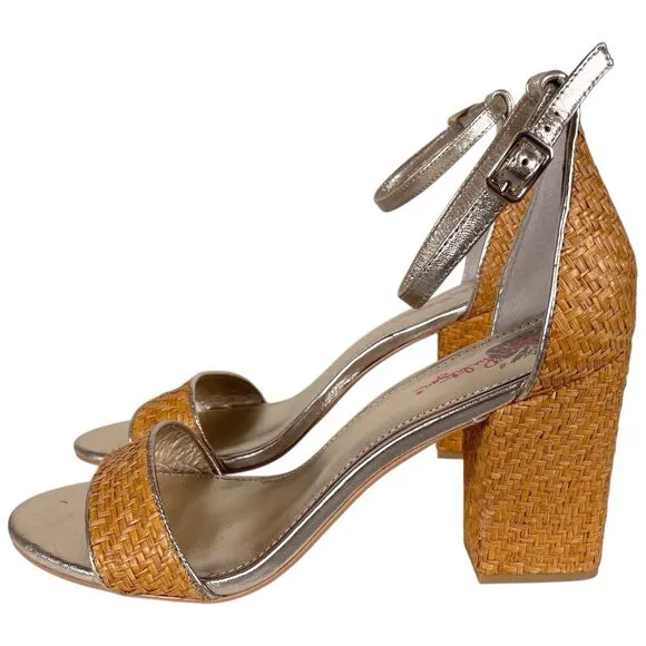 LILLY PULITZER Amber Lynn Straw Sandal Size 10 High Block Heel Shoes Gold Trim