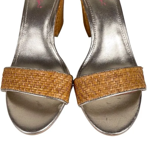 LILLY PULITZER Amber Lynn Straw Sandal Size 10 High Block Heel Shoes Gold Trim