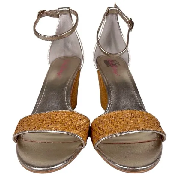 LILLY PULITZER Amber Lynn Straw Sandal Size 10 High Block Heel Shoes Gold Trim