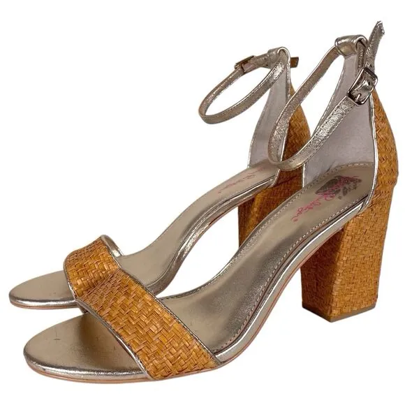 LILLY PULITZER Amber Lynn Straw Sandal Size 10 High Block Heel Shoes Gold Trim