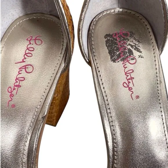 LILLY PULITZER Amber Lynn Straw Sandal Size 10 High Block Heel Shoes Gold Trim