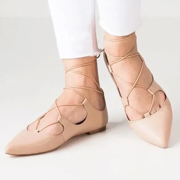 LOEFFLER RANDALL Ambra Shoes Women 9.5 Light Tan Strappy Lace Up Pointy Toe Flat