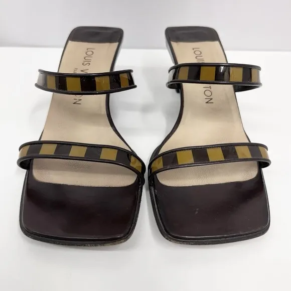 Louis Vuitton Strappy Shoes Dark Brown &amp; Tan Leather &amp; Plastic Size 37 Fits 36 6