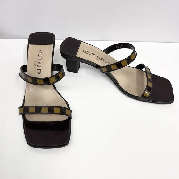 Louis Vuitton Strappy Shoes Dark Brown &amp; Tan Leather &amp; Plastic Size 37 Fits 36 6