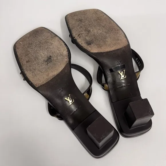 Louis Vuitton Strappy Shoes Dark Brown &amp; Tan Leather &amp; Plastic Size 37 Fits 36 6