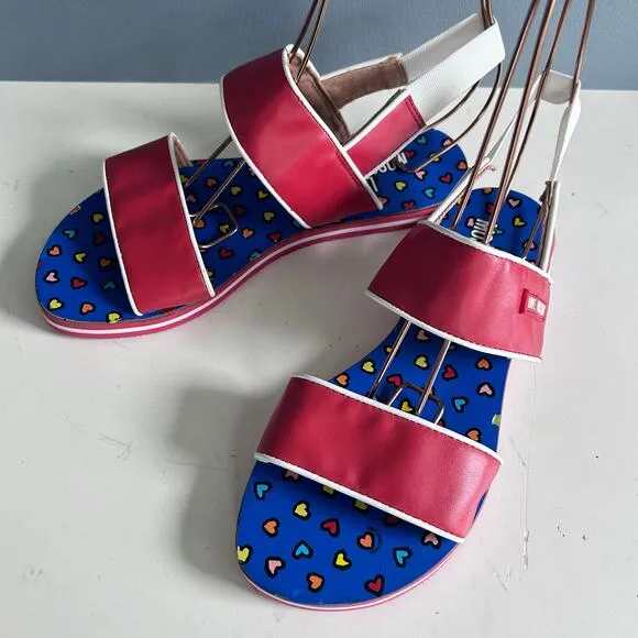 Love Moschino sandals size 7 IT 37 red strappy flats hearts slingback fisherman