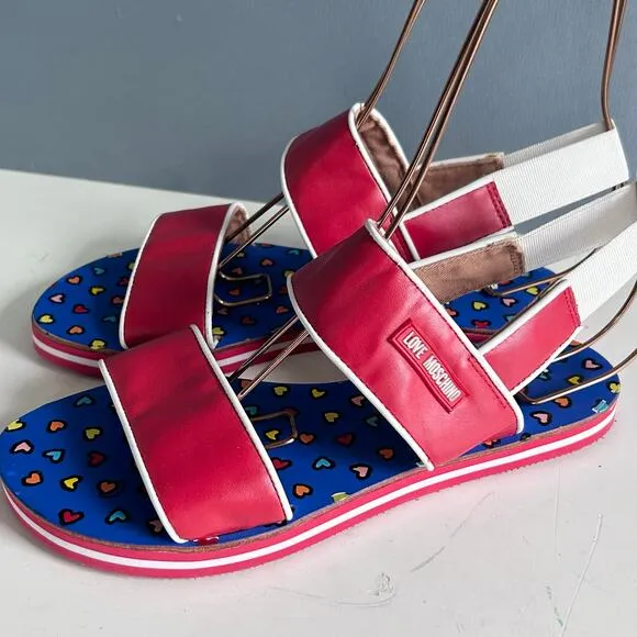 Love Moschino sandals size 7 IT 37 red strappy flats hearts slingback fisherman