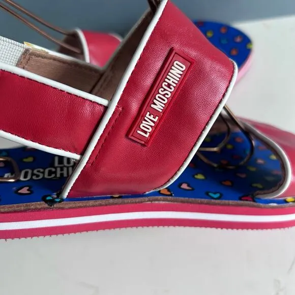 Love Moschino sandals size 7 IT 37 red strappy flats hearts slingback fisherman