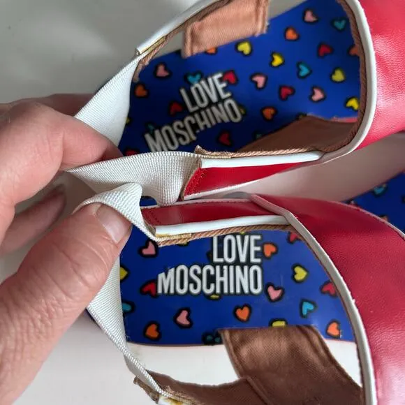 Love Moschino sandals size 7 IT 37 red strappy flats hearts slingback fisherman