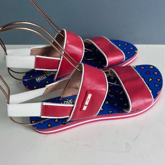 Love Moschino sandals size 7 IT 37 red strappy flats hearts slingback fisherman