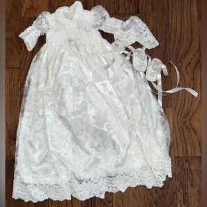 Luxury Satin Lace Pearl Long Baby Christening Gown Blessing Dress Bonnet Shoes