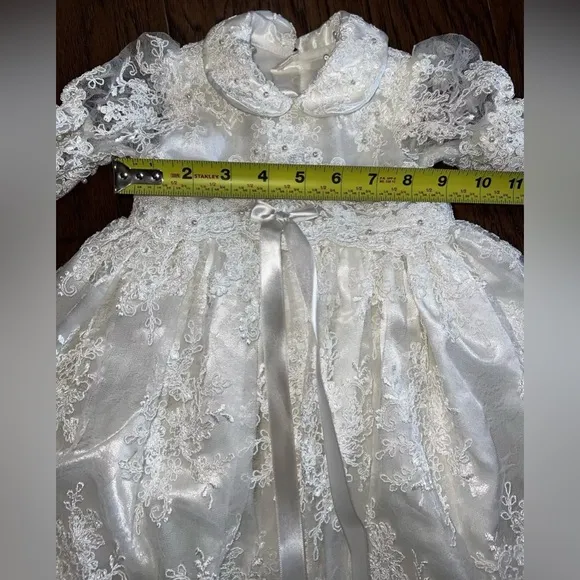 Luxury Satin Lace Pearl Long Baby Christening Gown Blessing Dress Bonnet Shoes