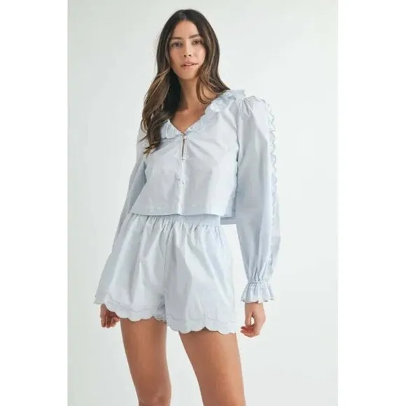 MABLE Long Sleeve Scallop Blouse and Shorts Set