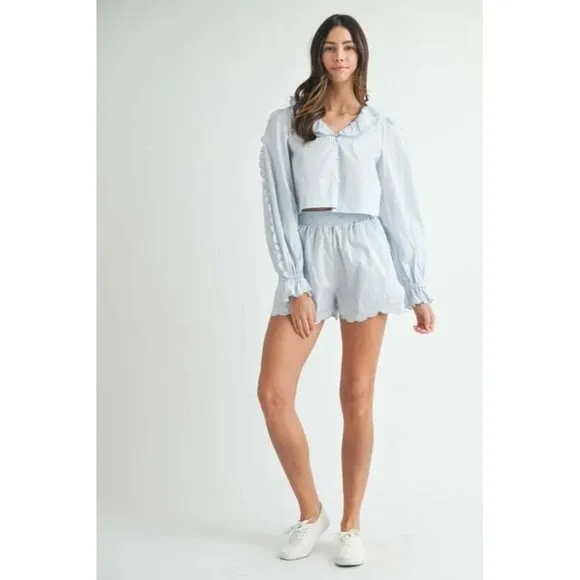 MABLE Long Sleeve Scallop Blouse and Shorts Set