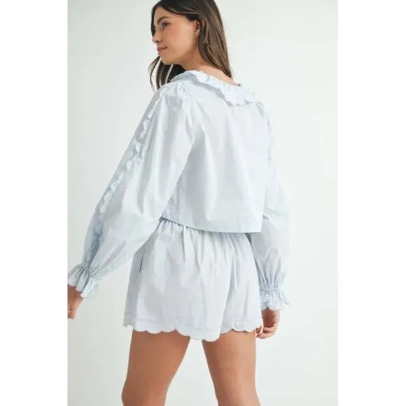MABLE Long Sleeve Scallop Blouse and Shorts Set