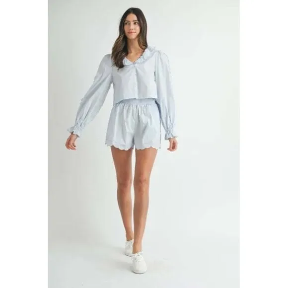 MABLE Long Sleeve Scallop Blouse and Shorts Set