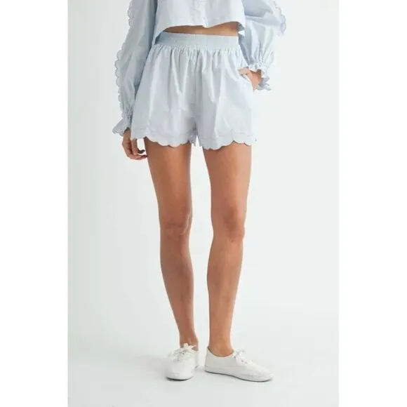 MABLE Long Sleeve Scallop Blouse and Shorts Set