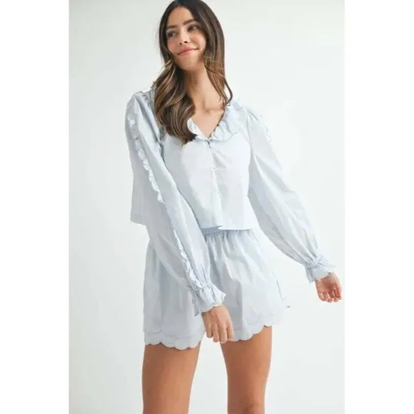 MABLE Long Sleeve Scallop Blouse and Shorts Set
