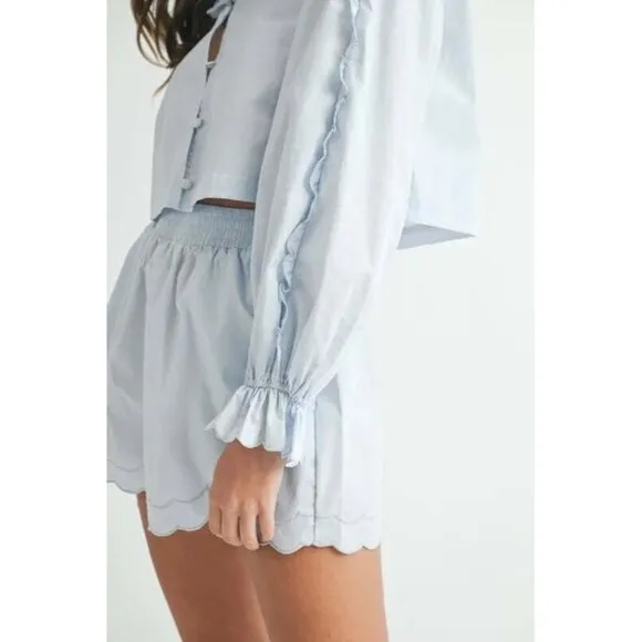 MABLE Long Sleeve Scallop Blouse and Shorts Set