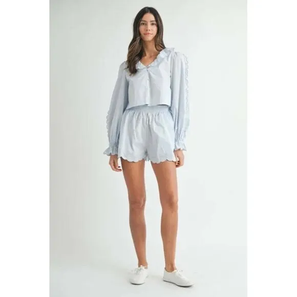 MABLE Long Sleeve Scallop Blouse and Shorts Set