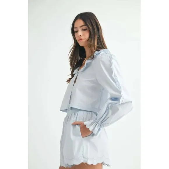 MABLE Long Sleeve Scallop Blouse and Shorts Set