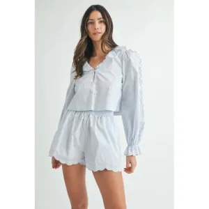 MABLE Long Sleeve Scallop Blouse and Shorts Set