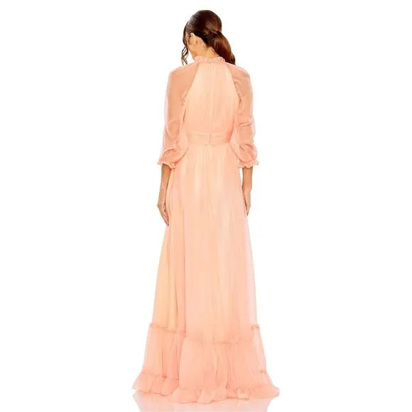 MAC DUGGAL CHIFFON RUCHED ILLUSION RAGLAN SLEEVE RUFFLED GOWN SIZE US 6