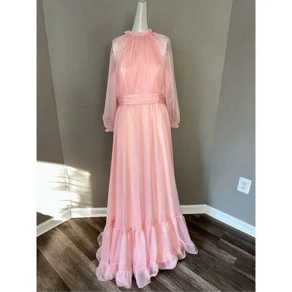 MAC DUGGAL CHIFFON RUCHED ILLUSION RAGLAN SLEEVE RUFFLED GOWN SIZE US 6