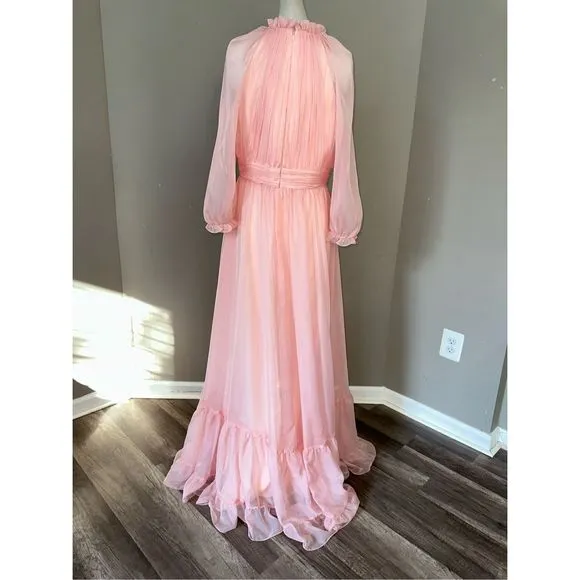 MAC DUGGAL CHIFFON RUCHED ILLUSION RAGLAN SLEEVE RUFFLED GOWN SIZE US 6