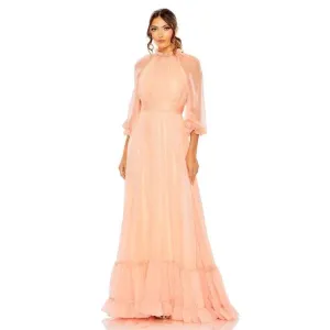 MAC DUGGAL CHIFFON RUCHED ILLUSION RAGLAN SLEEVE RUFFLED GOWN SIZE US 6