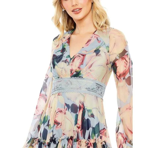 MAC DUGGAL FLORAL PUFF SLEEVE DRESS WITH EMBROIDERED WAIST SIZE 4