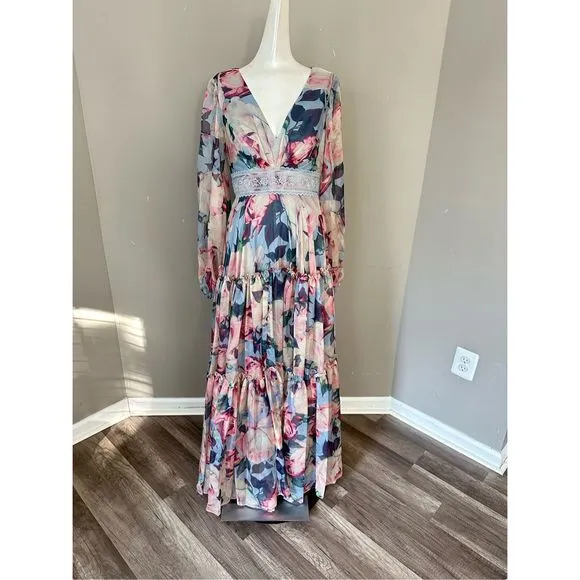 MAC DUGGAL FLORAL PUFF SLEEVE DRESS WITH EMBROIDERED WAIST SIZE 4