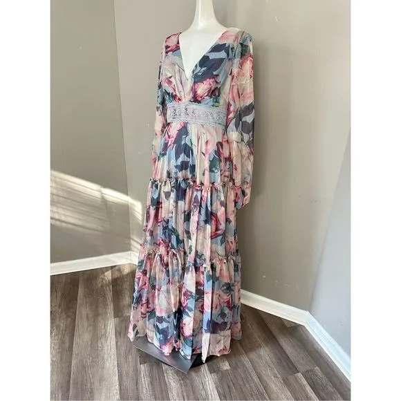 MAC DUGGAL FLORAL PUFF SLEEVE DRESS WITH EMBROIDERED WAIST SIZE 4